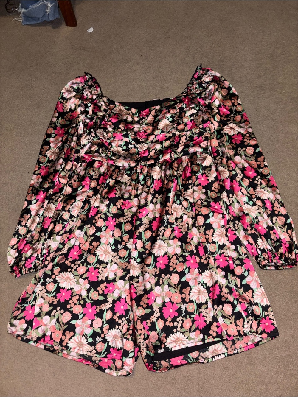 Pink Lily Black Floral Long Sleeve Romper with Pink & Cream Flowers